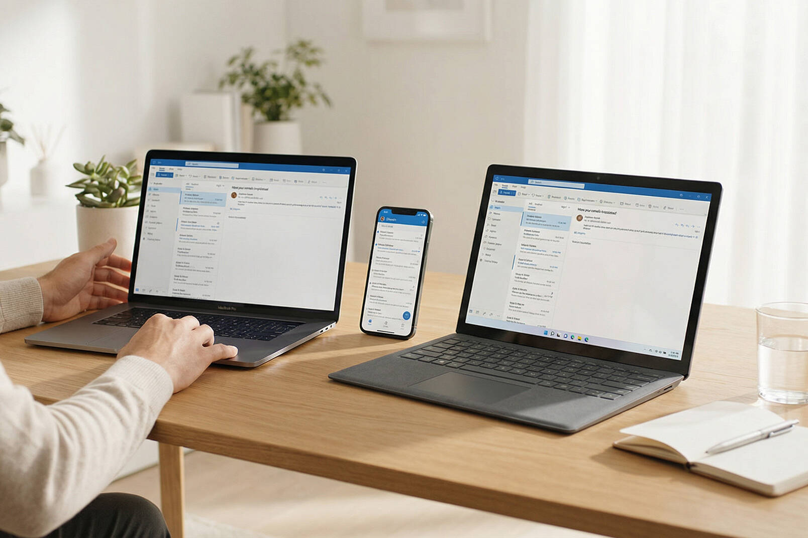 Outlook e-posta uygulamasının açık olduğu dizüstü ve telefon